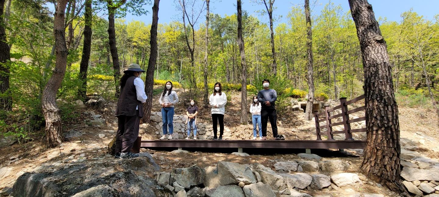 숲속 야외 데크 위에서 숲 체험을 하는 사람들이 신선한 공기를 들이마시고 있다