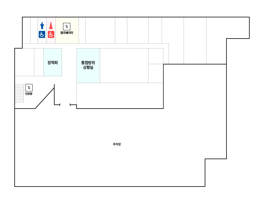 시청사 지하1층 평면도입니다. 왼쪽부터 시계방향으로 화장실, 직원용 엘리베이터, 통합방위상황실, 장학회, 민원용 엘리베이터와 주차장이 있습니다.