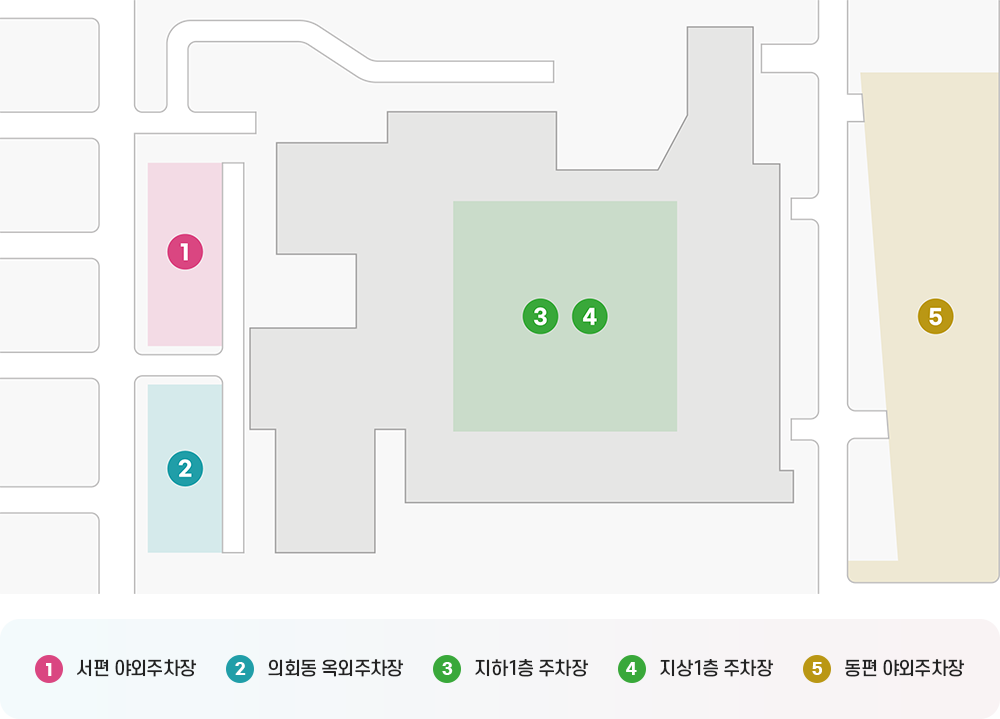 1.서편 야외주차장 2.의회동 옥외주차장 3.지하1층 주차장 4.지상1층 주차장 5.동편 야외주차장